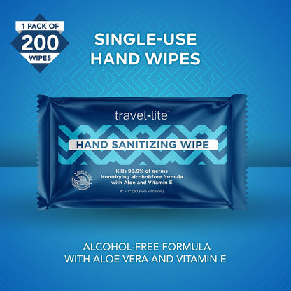 Travel Lite Alcohol-Free Hand Wipes with Aloe Vera and Vitamin E, Fresh Scent 50ct Individually Wrapped Travel Essentials Wipes for Adults and Kids