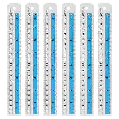 HARFINGTON 6pcs Metal Straight Ruler 20cm Metric SAE Aluminum Alloy Measuring Rulers Scale Tools with Hole for Measure Study Reading Classroom Office, Blue