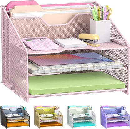samstar Pink Desk File Organizer, Mesh Letter File Folder Holder with 3 Paper Trays and 2 Vertical Upright Section, for Office Supplies, Desk Accessories & Workspace, Pink