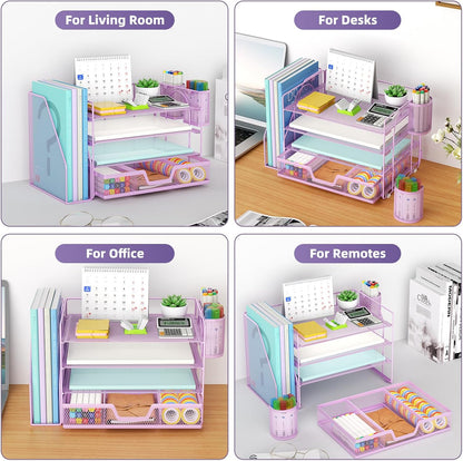 Marbrasse Desk Organizer and Accessories，4-Tier Paper Letter Tray Organizer with File Holder, Workspace Desk Organizers Accessories with Drawer and 2 Pen Holder (Purple, 15.4" x 9.1" x 8.3")