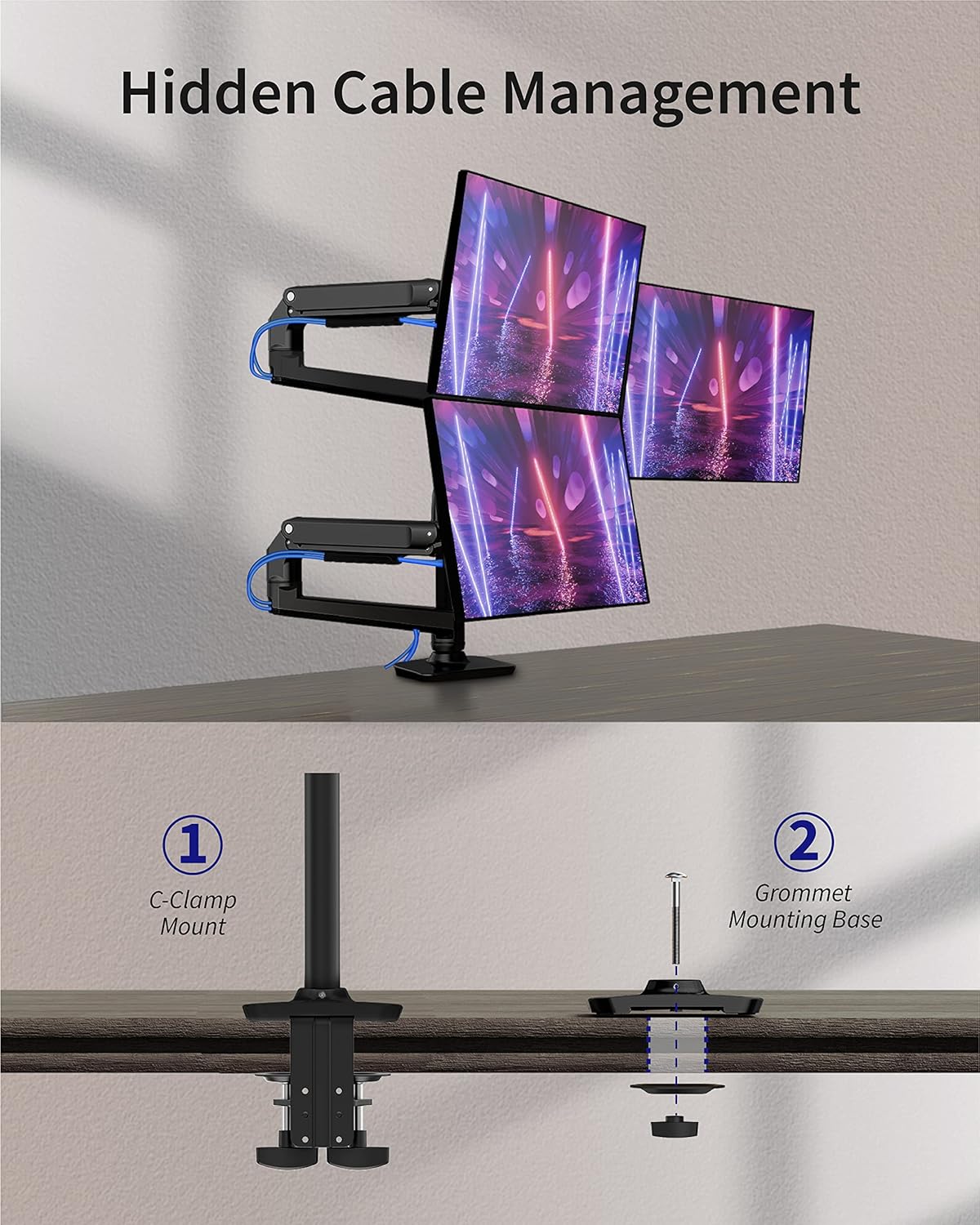 Triple Monitor Mount, Holds Screens up to 40 Inches and 25 lbs, Fully Adjustable 3 Monitor Desk Mount with C-Clamp and Grommet Base, Aluminum, Black