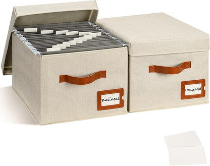 Storage Standard 2-Pack File Organizer Box with Lid - Collapsible Hanging Linen Document Organizer Portable File Boxes, Lightweight & Portable Filing Box Crates with Handles & Extras, Ivory