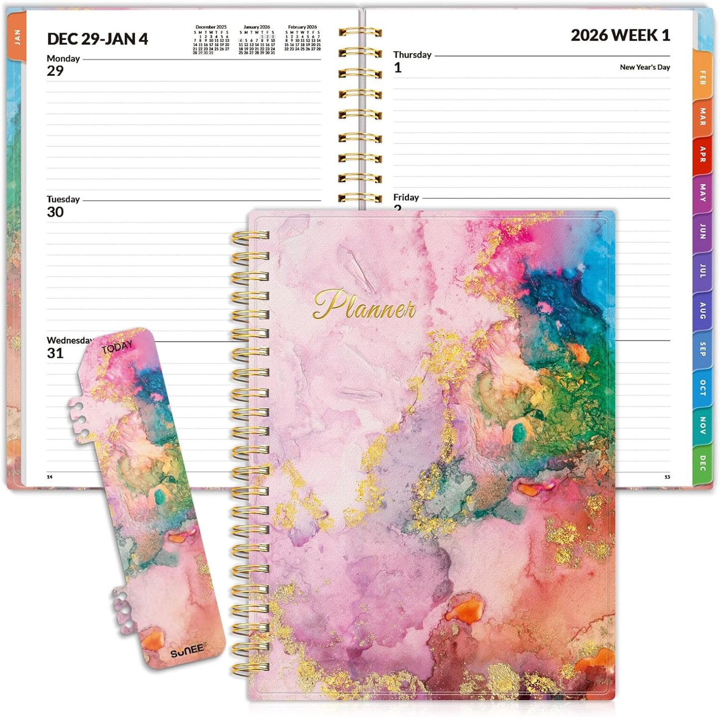 SUNEE 2026 Weekly and Monthly Planner - from January 2025 - December 2025, 6.4" x 8.3" Daily Agenda Planner with Monthly Tab, Flexible Cover, Note Pages, Pockets, Bookmark, Spiral Binding, Marble