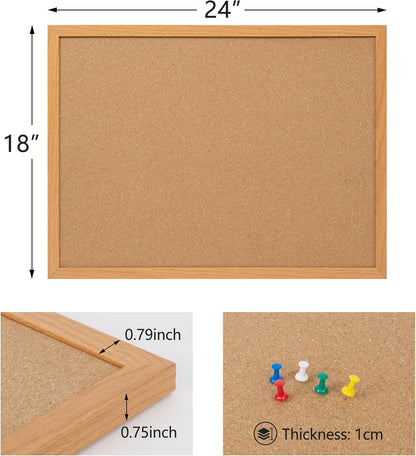 Board2by Cork Board Bulletin Board 18" x 24", Wood Framed Corkboards for Wall Decor, Hanging Office Message Board, Large Wall Mounted Notice Pin Board with 15 Push Pins for School, Home & Office