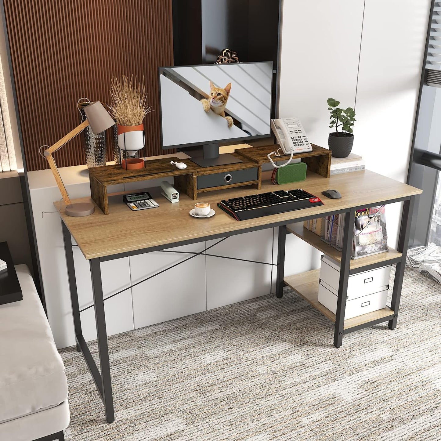 WESTREE Dual Monitor Stand Riser with Drawer, 3 Shelf Computer Monitor Riser with Adjustable Length and Angle, Desktop Monitor Stand Riser Storage Organizer for 2 Monitors