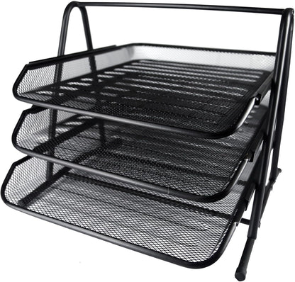 Huron Desktop Horizontal File Binder Organizer Storage Letter Tray, 3 Slot, Black Steel Mesh