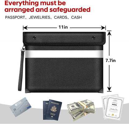 Fire Proof Money Bag for Cash 5200℉ Heat Insulated,Fireproof Waterproof Document Pouches with Double-Sided Reflective Strip,Money Envelopes for Cash,Valuables,Jewelry(11"x7.7",Black)