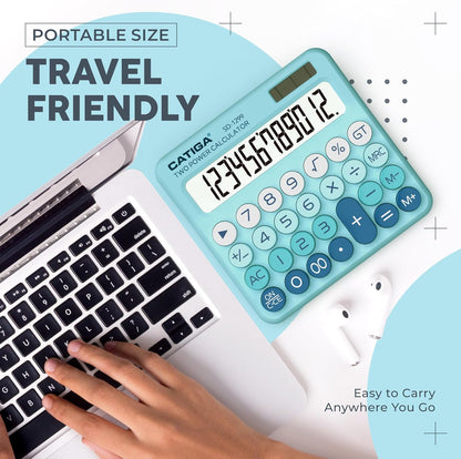 CATIGA Mechanical Switch Calculator with Solar and Battery Dual Power, 12-Digit Large LCD Display, Aesthetic and Cute Desktop Calculator with Big Button, for Home, School and Office Use, SD-1299
