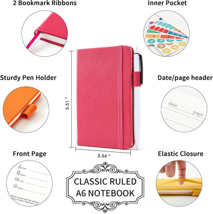 feela Pocket Mini Notebooks Bulk, Small Cute Memo Notepads Hardcover College Ruled Lined Journals with Pen Holder for School Business Work, with 6 Black Pens, 3.5”x 5.5”, 6 Pack, A6, Solid Colors