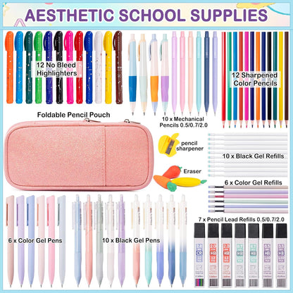 School Supplies Set for Teens Girls - Cute Pink Pencil Case, 10 Mechanical Pencils 0.5 0.7 2.0mm,12 Highlighters, 16 Pens, 452 Lead & Gel Refills Complete College Essentials, Drafting & Writing Kit