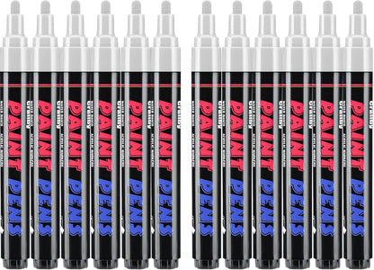 White Paint Pens Paint Markers - 12 Pack Permanent Quick Dry Waterproof Marker Pens for Rocks Wood Fabric Plastic Canvas Glass Mugs Metal Tire Stone