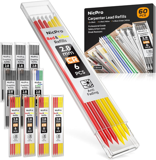 Nicpro 60 PCS Carpenter Pencil Lead Refills 2.8mm, Lead for Carpenter Mechanical Pencil, Break Resistant 2.8 mm Lead for Construction Pencil, Woodworking Pencil (Black, Red, Yellow, Green, Blue,White)