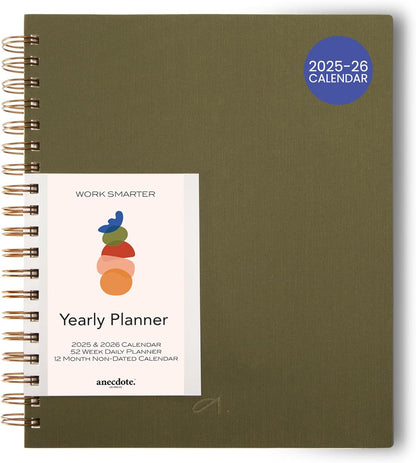 Anecdote Planner 2025 (8.5" x 10") Daily Planner Weekly Monthly Planner - 52 Weeks w/Library Buckram Cover, Brass Spiral - A4 Size Bleed-Resistant Paper – Olive Green