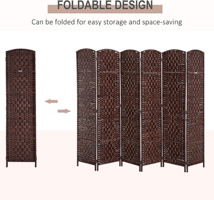 HOMCOM Room Divider 6 Panels Folding Privacy Screen 6FT Tall Portable Wicker Weave Partition Wall Divider for Bedroom Home Office, Brown