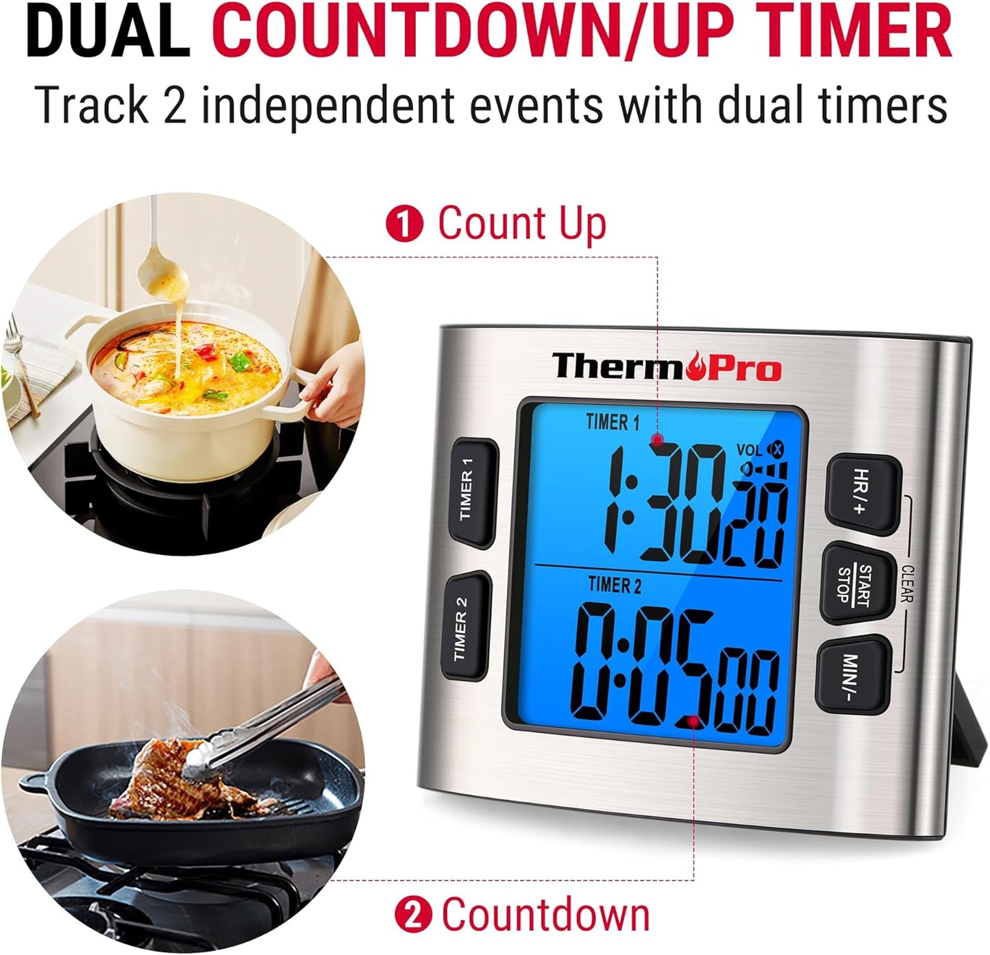 ThermoPro TM02 24 Hours Digital Timer with Dual Kitchen Timers for Cooking, Stop Watches Magnetic Timer Clock with Adjustable Alarm Volume & LCD Backlit Display, Classroom Timer for Kids & Teachers