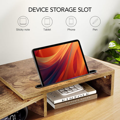 AMERIERGO Dual Monitor Stand Riser- 3 Shelf Screen Stand with Adjustable Length and Angle, 2 Extra Functional Slot Desktop Organizer Stand for PC, Computer, Laptop (Rustic Brown)