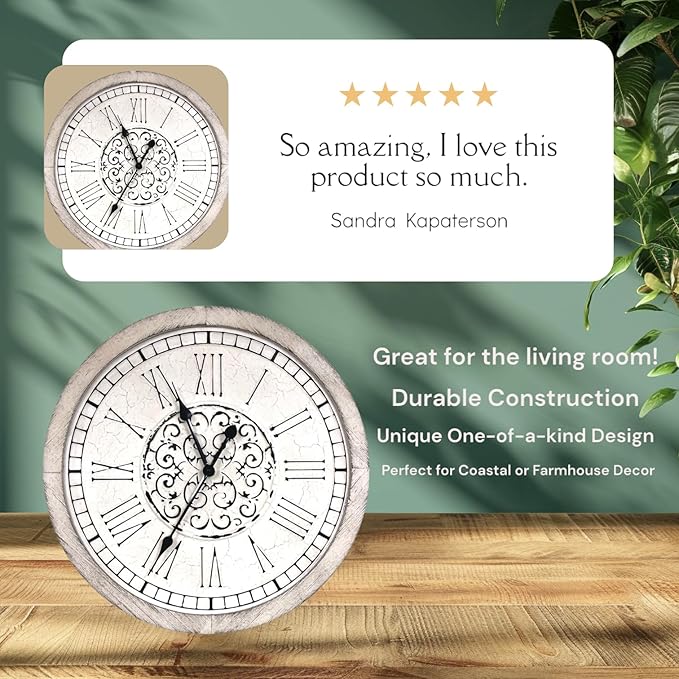 Large Decorative Vintage Worn Wall Clock - Big Farmhouse, Rustic, Coastal Decor - 25 inches for Living Room or Bedroom - Battery Operated