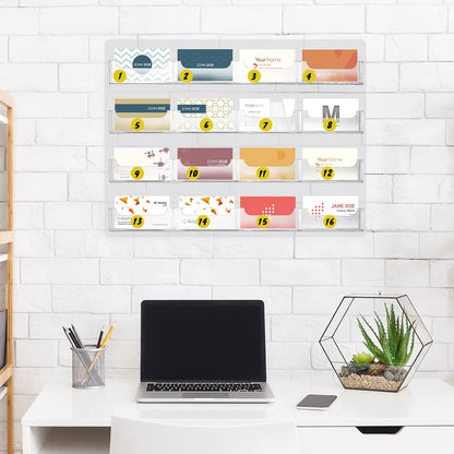 TURSTIN Business Card Holder Wall Mount Clear Sticker Display Marketing Holder Acrylic Business Card Stand Multi Pocket Rack Organizer Space Saver for Home Office (16 Pockets)
