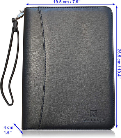 Zippered Portfolio Binder with Junior Legal 5x8 Notepad - Matt Black PU Faux Leather Business Padfolio Organizer Folder with 8 Inch Tablet Sleeve & Gift Box by Lautus Designs