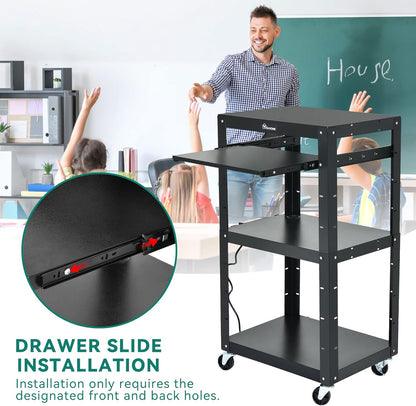 YITAHOME Large AV Cart with 16.4ft Extra-Long Cord, Metal Presentation Cart with Keyboard Tray, Rolling Media Carts with Wheels and Power, 2 Locking Brakes, Easy to Assemble, Black