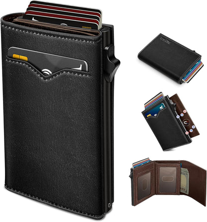 Wallet for Men,with Cash Pocket 2 ID Window 9-13 Cards,Metal Case Smart Slim Pop Up Credit Card Holder Flip with Magnetic Closure RFID Blocking Trifold wallet with Gift Box
