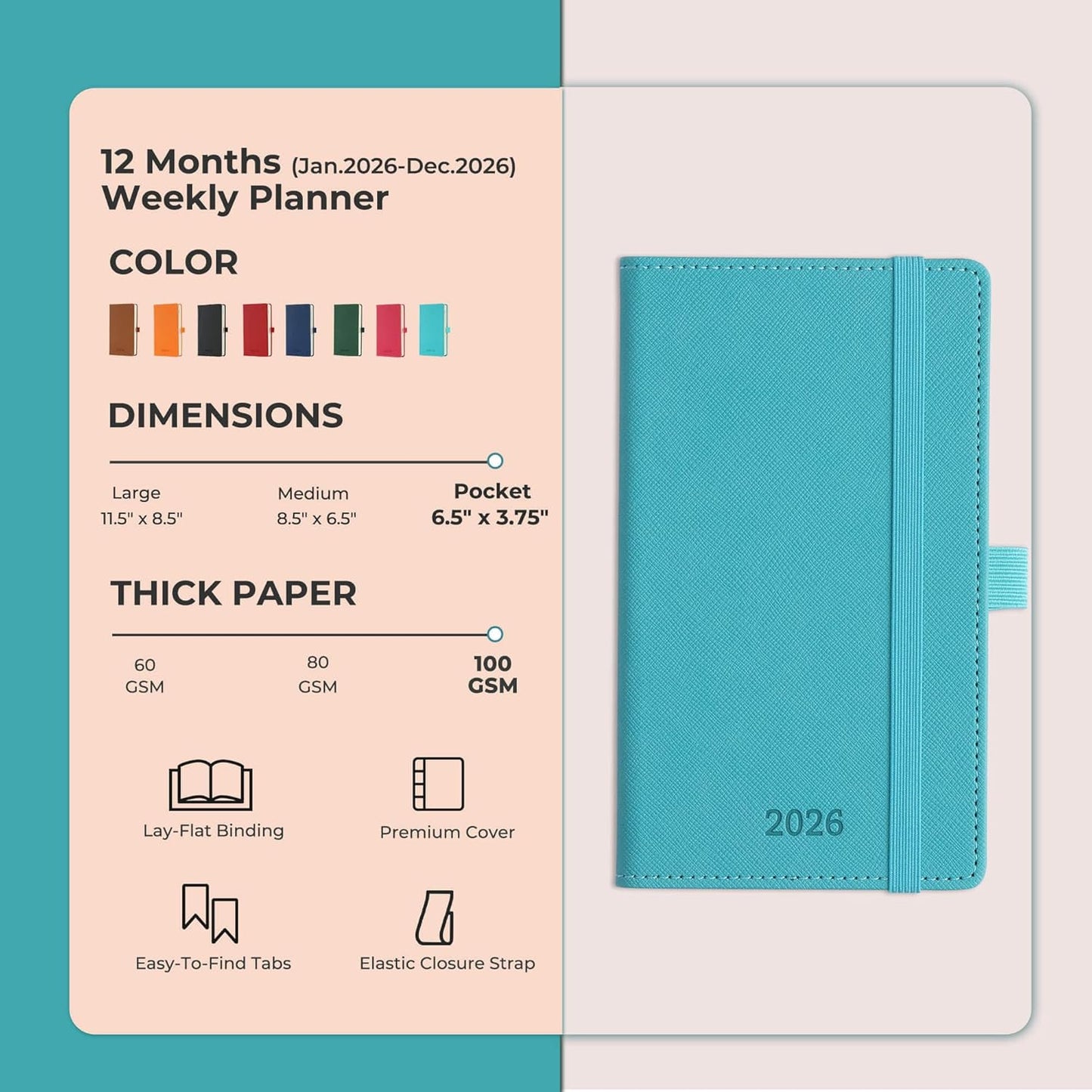 Weekly Monthly 2026 Planner (Jan.26-Dec.26),6.5"x3.75",12 Months Agenda Plan with Month Tabs & Pocket,Expenses/Note Pages, Appointment Book Calendar with Vegan Leather Cover,Light Blue