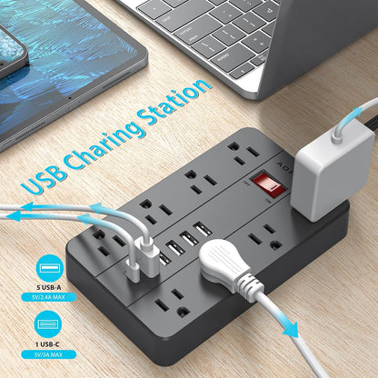 Surge Protector Flat Extension Cord Flat Plug Power Strip, AOFO 8 Widely Spaced Outlets and 6 USB Charger(1 USB C Port), 5 Ft, for Travel, Office, School, Dorm Room Essentials, Black