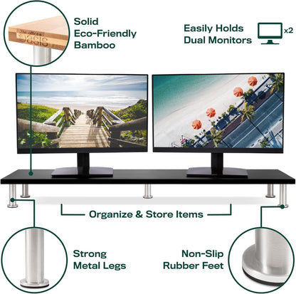 The Original Bamboo Dual Monitor Stand (As Seen On PBS) - 42 Inch Large Monitor Riser for Computer Screens, Laptop or TV - Desk Shelf Adds Storage Space and Improves Ergonomics - Black