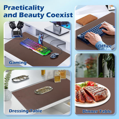 Wireless Charging Desk Mat with Desk Pad for Desktop Charging Large Mouse Pad Waterproof Leather Computer Mat Mouse Pad Non-Slip Protector on Top of Desks for Keyboard and Mouse (brown-l, 36*17inch)