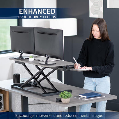 VIVO 36 inch Desk Converter, K Series, Height Adjustable Sit to Stand Riser, Dual Monitor and Laptop Workstation with Wide Keyboard Tray, Gray Top, Black Frame, DESK-V036KG