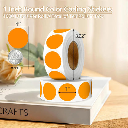 Orange 1 Inch Round Color Coding Dot Labels, 10 Rolls 10000 Dot Stickers in Dispenser Box - Permanent Adhesion, Vibrant Colors, Highly Visible