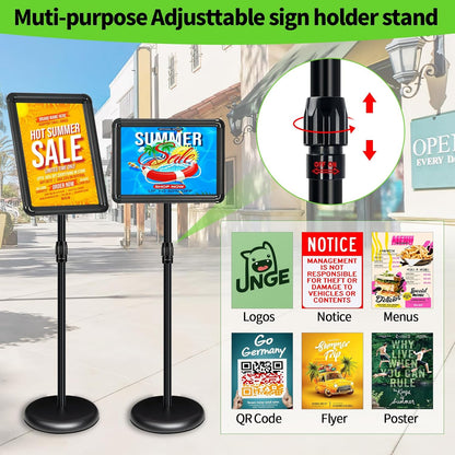 6Pack Adjustable Pedestal Sign Holder - 11''x17'', Floor Standing Poster Stand for Vertical/Horizontal View, Outdoor/Indoor Sign Holders (Black, Round)