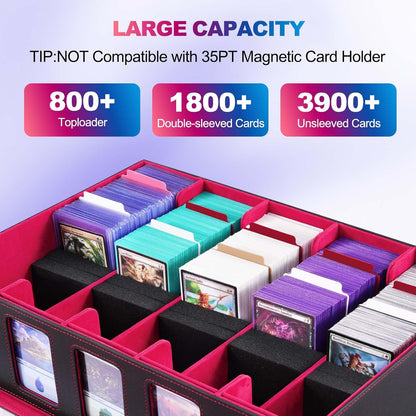 Trading Card Storage Box with Commander Display, 5 Row Magic Card Box with Handle & Aluminum Alloy Locking for 3900+ Unsleeved Cards Suits for MTG PTCG TCG Sports Cards (Black Red)