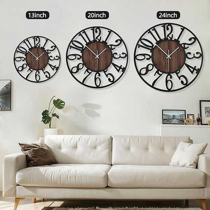 Maxstar Round Wall Clock for Living Room Decor Battery Operated Non Ticking Silent Vintage Black Metal Wood Clocks for Home Living Room Garden Farmhouse Office Kitchen Decoration -13 inch