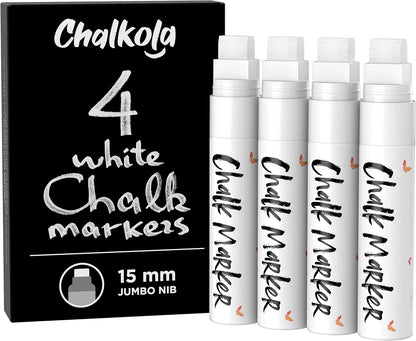 White Jumbo Chalk Markers - 15mm Window Markers | Pack of 4 White Pens - Use on Cars, Chalkboard, Whiteboard, Blackboard, Glass, Bistro | Loved by Teachers, Artists, Businesses