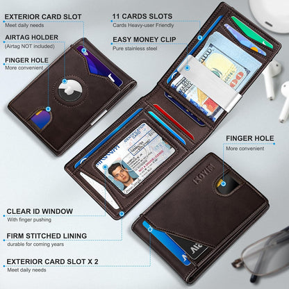 Airtag Wallet for Men,with Money Clip 11 Cards Slim Front Pocket Leather RFID Blocking Wallet with Gift Box