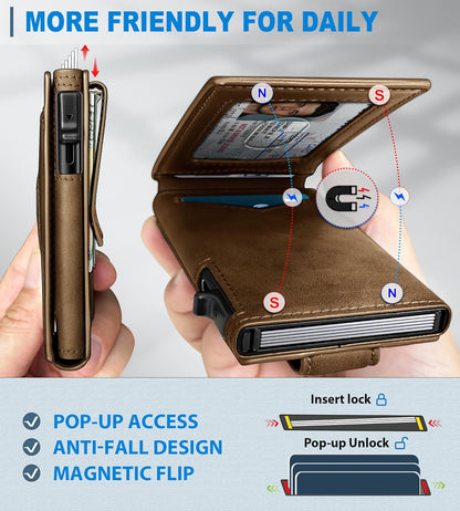Airtag Wallet for Men,with Money Clip Gift Boxed,Slim Front Pocket Wallet RFID Blocking Metal Case Smart Pop-up Credit Card Holder in Magnetic Leather Flip