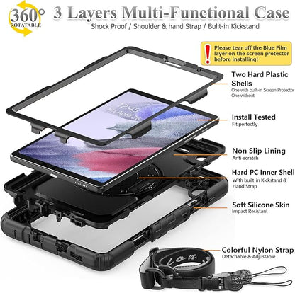 Case for Samsung Galaxy Tab A7 Lite 2021 8.7'' SM-T220/T225/T227 with Screen Protector Pencil Holder [360 Rotating Hand Strap] &Stand, SEYMAC stock Drop-Proof, Black