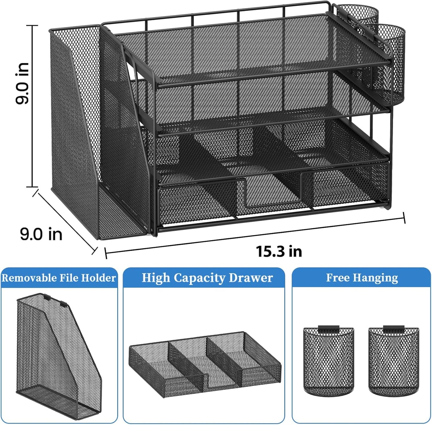 Desk Organizer and Accessories, 4-Tier Desktop File Organizer with Drawer and 2 Pen Holders, Office Desk Accessories for Office Supplies(Black)