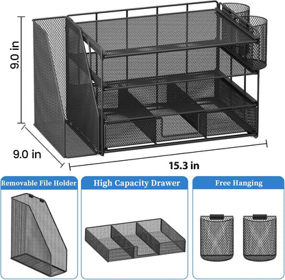 Desk Organizer and Accessories, 4-Tier Desktop File Organizer with Drawer and 2 Pen Holders, Office Desk Accessories for Office Supplies(Black)