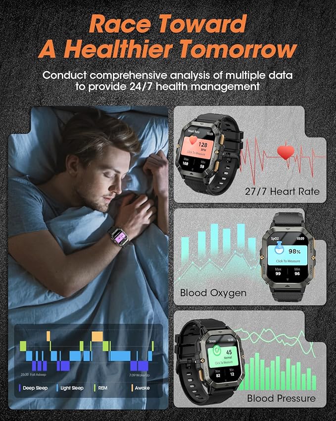 Military Smart Watches for Men (Answer/Make Calls), 2.02'' Fitness Smart Watch for Android and iPhone, Waterproof Fitness Tracker with Blood Pressure/Heart Rate/Sleep/100+ Sport Modes, Watches for Men