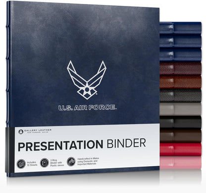 Gallery Leather 3 Ring Binder with Plastic Sleeves, Includes 10 Sheets, Sheet Size: 8.5" x 11" - Presentation Binder Rings with Hubbed Spine, Thick: 0.75" Acadia Navy - US Air Force