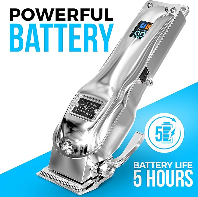 OVLUX Professional Cordless Hair Clippers for Men, Rechargeable Full Metal Beard Trimmer, Barbers Trimmer, Ideal Gift for Men, Dad - Silver.