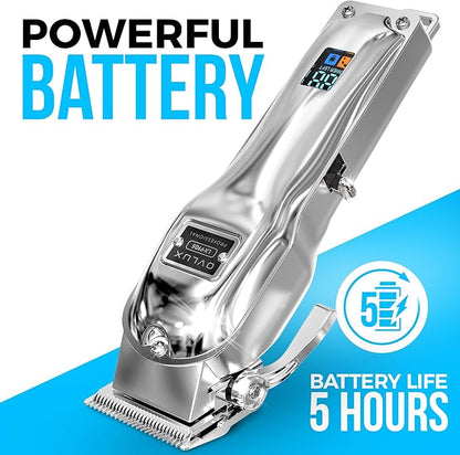 OVLUX Professional Cordless Hair Clippers for Men, Rechargeable Full Metal Beard Trimmer, Barbers Trimmer, Ideal Gift for Men, Dad - Silver.
