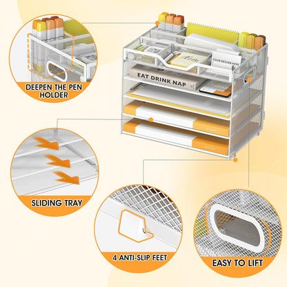 5 Tier Paper Letter Tray with 3 Drop-in Pen Holders, Mesh Desk File Organizer with Handle, Desk Organizers and Accessories for School,Home, Office Supplies Storage-White