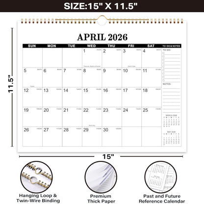 2026 Calendar - 2026 Wall Calendar, Jan. 2026 - Dec. 2026, 14.6'' x 11.4", Large Wall Calendar with Highlighted Holidays, Sturdy Binding, Calendar for Planning