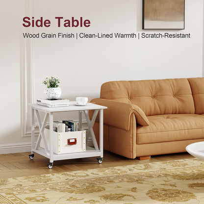 2 Tier White Printer Stand, 23.6 x 23.6 Inches Large Printer Table with Storage Shelf, Rolling Printer Cart with Wheels, Mobile Table for Home Office (White)