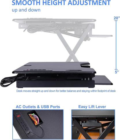 Rocelco 46" Height Adjustable Standing Desk Converter with AC USB Charger and Double Monitor Mount Arm - Sit Stand Up Triple Screen Riser Workstation - Keyboard Tray - Black (R DADRB-46-ACUSB-DM2)