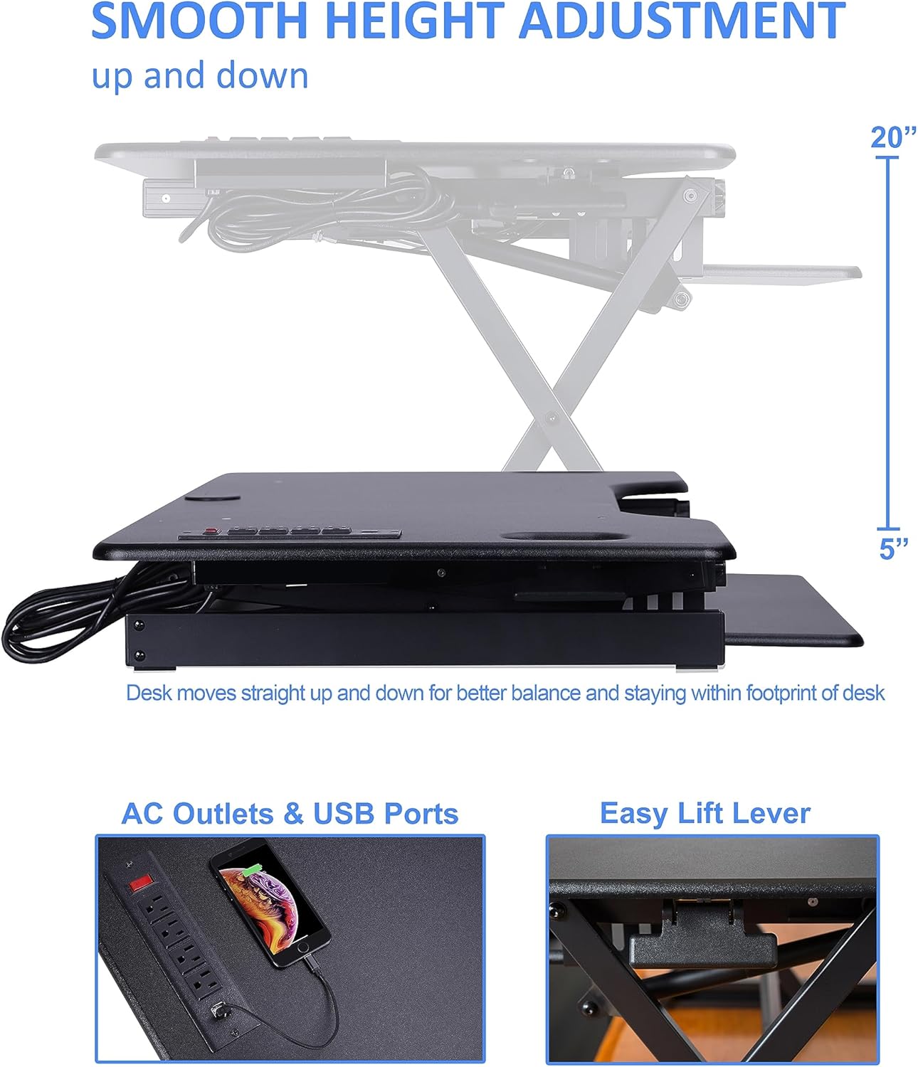 Rocelco 46" Standing Desk Converter with AC USB Charger and Triple Monitor Mount Arm - Height Adjustable Sit Stand Up Three Screen Riser Workstation - Keyboard Tray - Black (R DADRB-46-ACUSB-DM3)