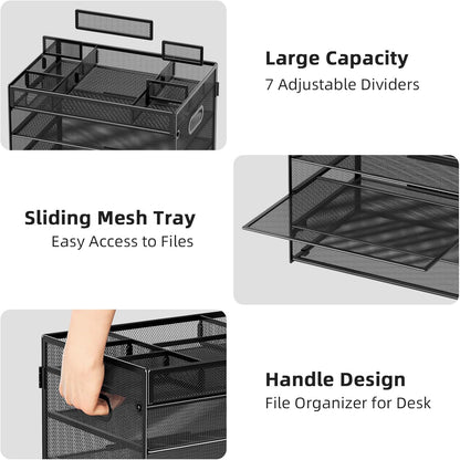 Marbrasse 5-Tier Letter Tray Paper Organizer with Handle, Multi-Functional Mesh File Organizer for Desk, Adjustable Compartments Mesh Desktop Storage for Office Supplies,Black